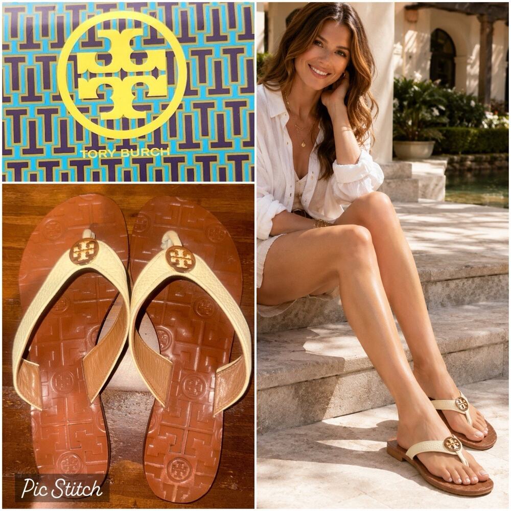 Tory Burch Thora Cream Flip Flops Thongs Medallion Sandals Sz 6 Beach Vacation